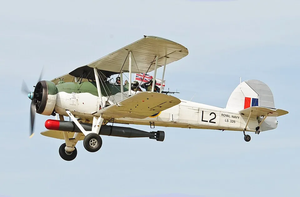 Context: Aircraft type: Fairey Swordfish at an air show. Type example, not the Malta wreck.