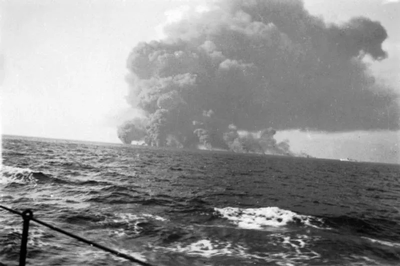 Context: The Waimarama explodes during Operation Pedestal, 13 August 1942.